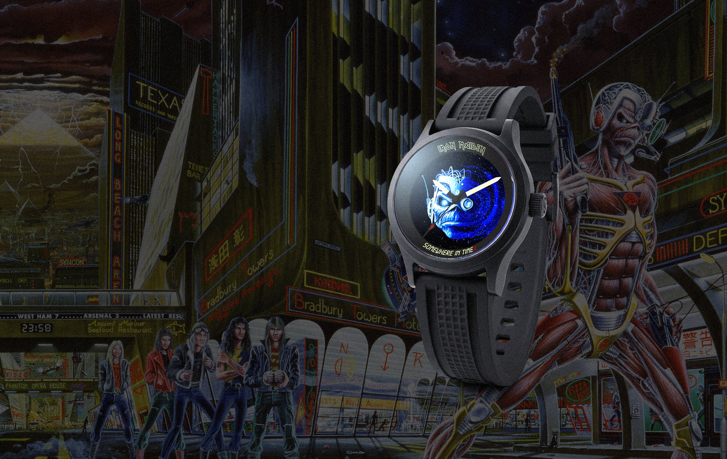 Timex x Iron Maiden 1986 Tribute watch featured against a futuristic neon cityscape inspired by Iron Maiden album art, with Eddie the mascot in the background and the watch displaying a cosmic blue Eddie dial design.