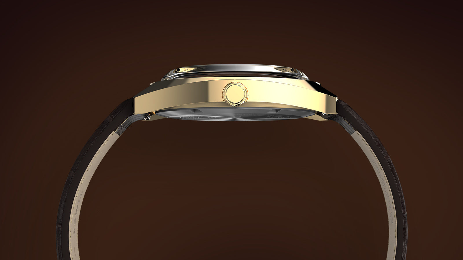Side profile of the Timex® 1976 Rotary Phone Dial Reissue highlighting the gold-tone cushion case, domed crystal, and crown.