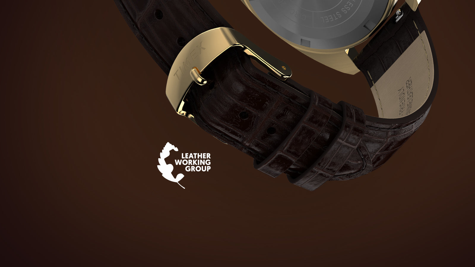 Brown crocodile-grain leather strap with gold-tone Timex buckle on the Timex® 1976 Rotary Phone Dial Reissue, featuring Leather Working Group certified leather.