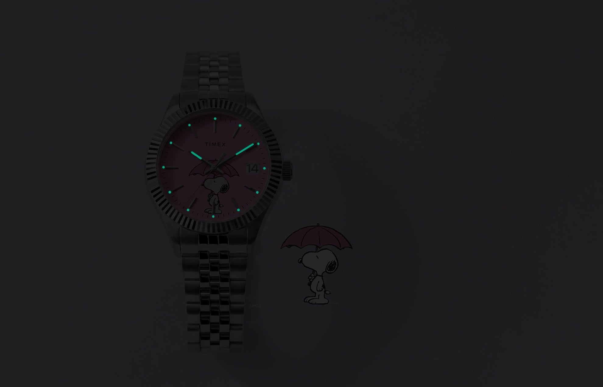 Peanuts® x Timex Legacy Snoopy Umbrella watch with INDIGLO® illumination, featuring glowing hands and hour markers against a dark background.