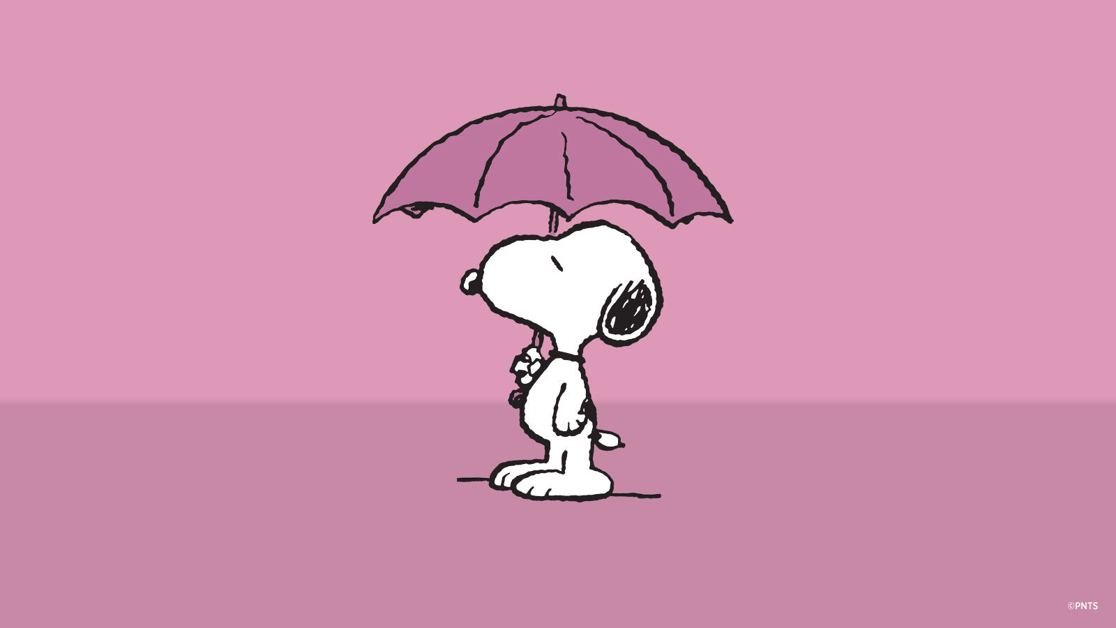Illustration of Snoopy holding a pink umbrella against a matching pink background.