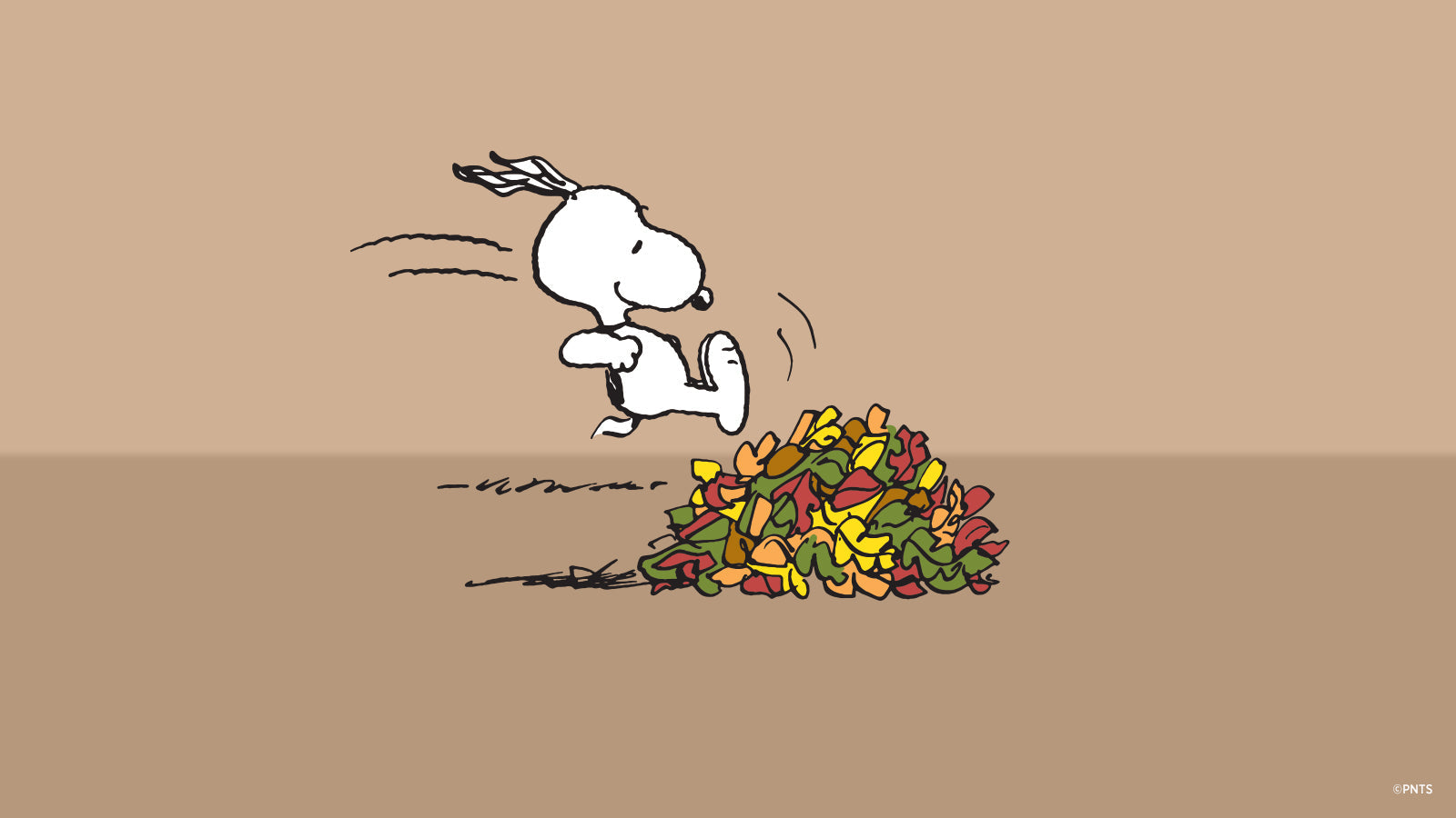 Illustration of Snoopy running toward a colorful pile of autumn leaves against a tan background.