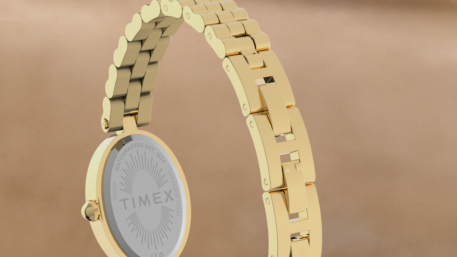 Close-up of the Timex Cavatina® Luxe gold-tone stainless steel bracelet showing the jewelry-style clasp and polished links.