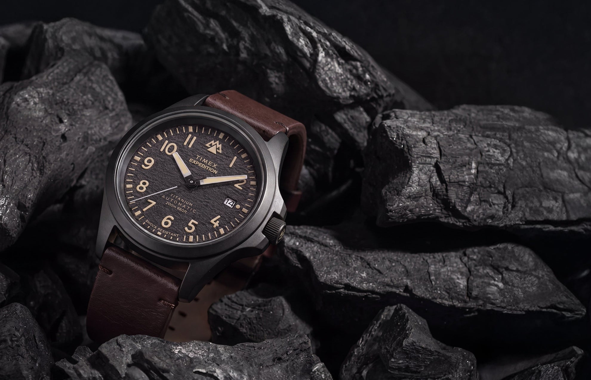 Expedition® Field Post Automatic titanium watch with a black dial and brown leather strap displayed among charcoal rocks.