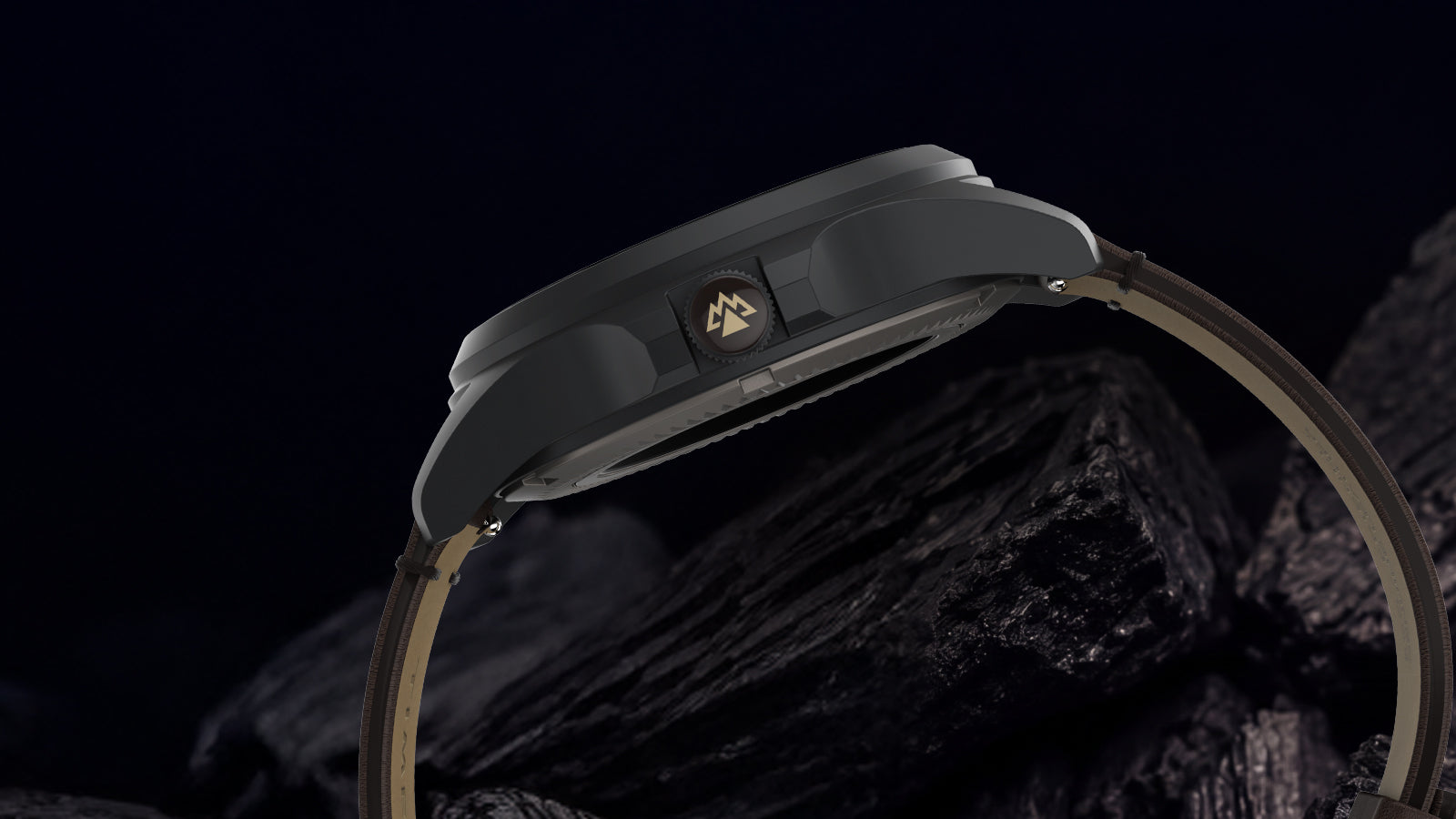 Side profile of the Expedition® Field Post Automatic titanium watch with a brown leather strap.