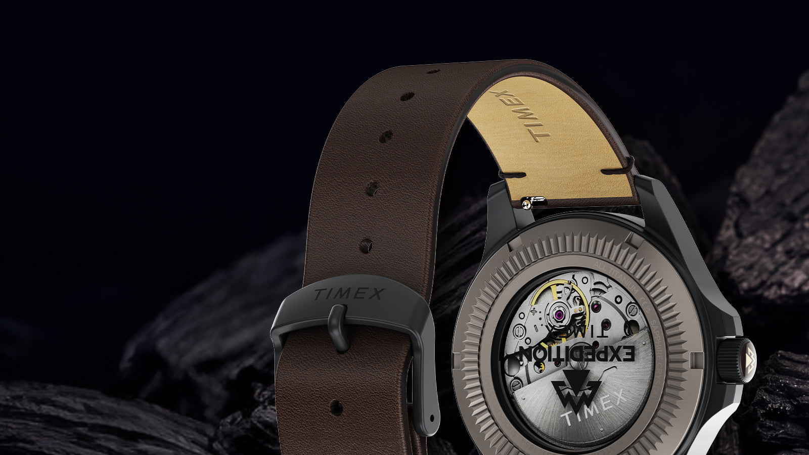 Back view of the Expedition® Field Post Automatic titanium watch featuring an exhibition case back and automatic movement.