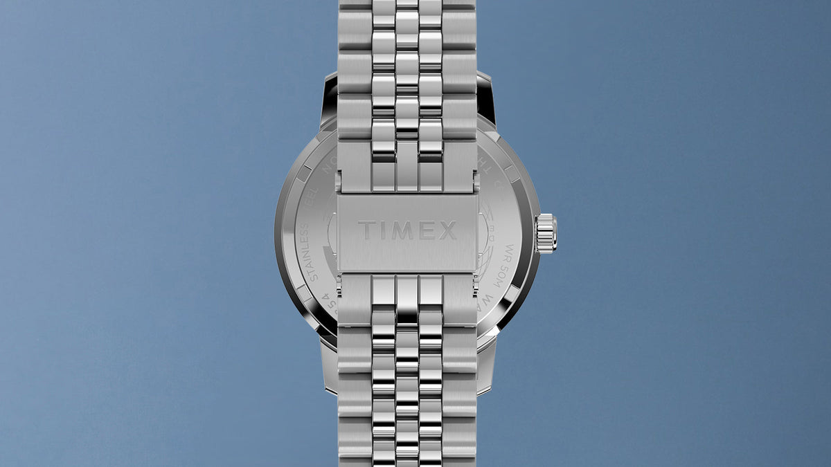 Rear view of the Marlin® Quartz GMT showing its stainless-steel case back and bracelet clasp.