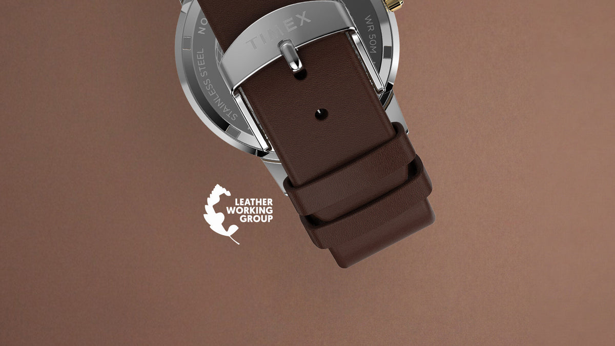 Rear view of the Marlin® Quartz GMT highlighting its brown leather strap, buckle, case back, and Leather Working Group logo.