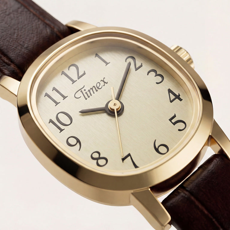Close-up of the Cavatina® Mini, highlighting its champagne dial, black Arabic numerals, and polished gold-tone case.