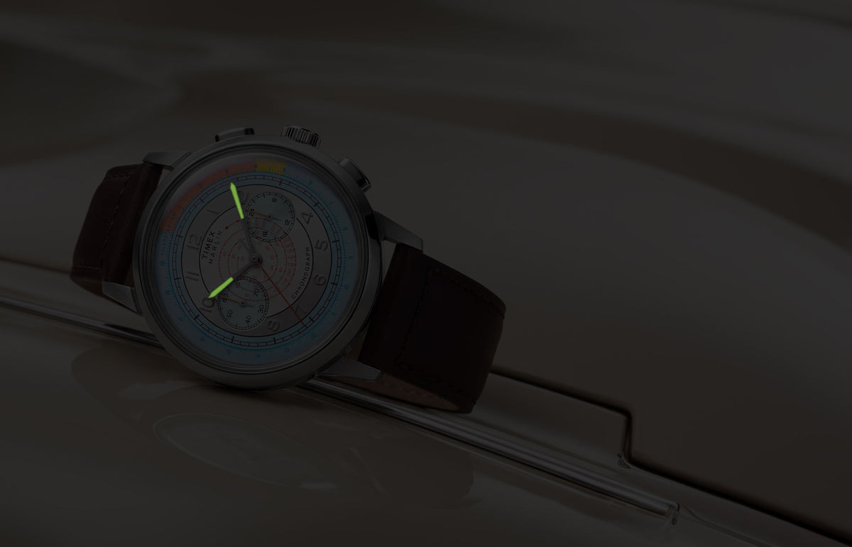 Marlin® Neo Classic Chronograph in low light with green luminous hour and minute hands.