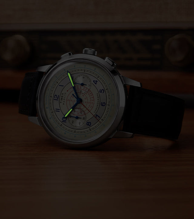 Marlin® Neo Classic Chronograph in low light with green luminous hour and minute hands.