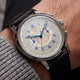 Marlin® Neo Classic Chronograph with a cream multiscale dial and black leather strap worn on a wrist.