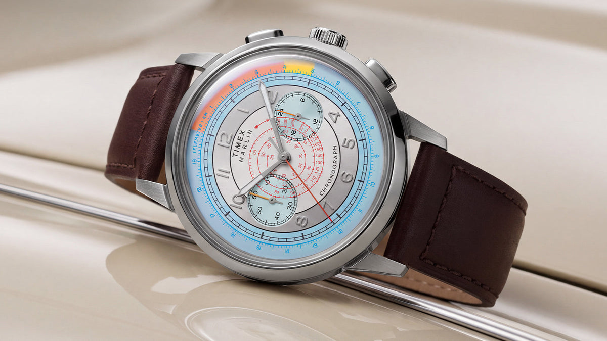 Close-up of the Marlin® Neo Classic Chronograph with a silver-tone case, detailed multicolor dial, and brown leather strap.
