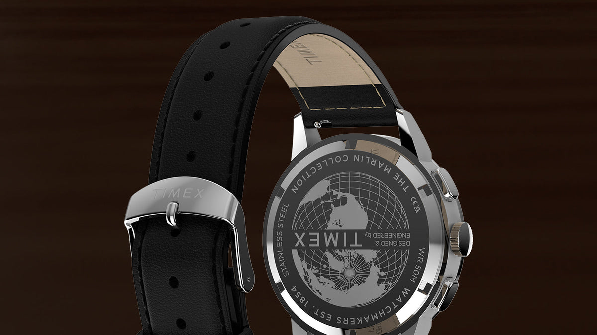 Rear view of the Marlin® Neo Classic Chronograph, featuring its engraved case back, black leather strap, and Timex buckle.
