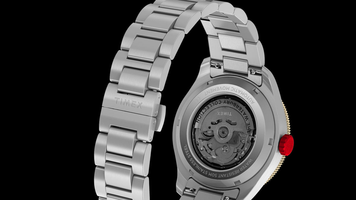 Rear view of the Waterbury Heritage Automatic GMT watch, showing its automatic movement through the exhibition caseback.
