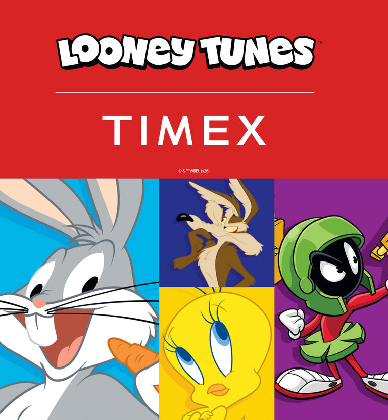 Looney Tunes and Timex logos above colorful panels featuring Bugs Bunny, Wile E. Coyote, Tweety and Marvin the Martian.