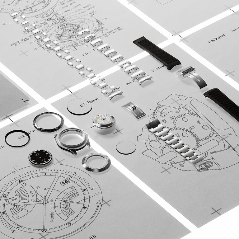 Disassembled Timex Atelier watch components, bracelets, and rubber straps arranged over technical patent drawings.