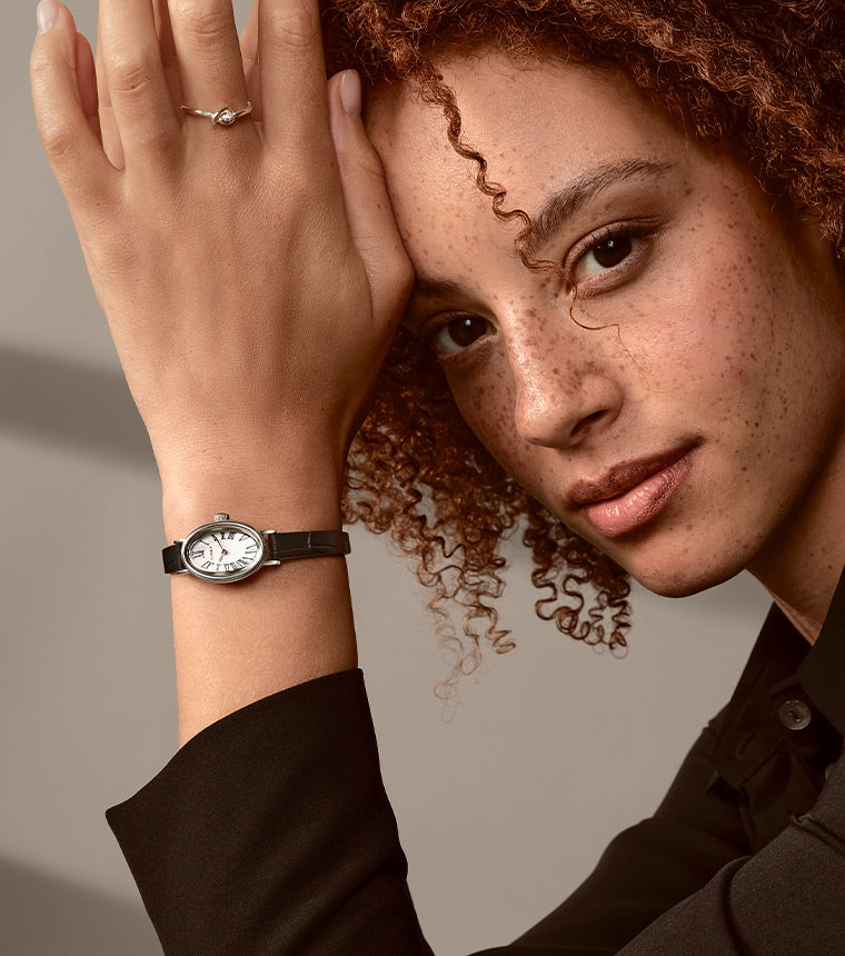 Women Wearing Cavatina Black Leather Strap Watch