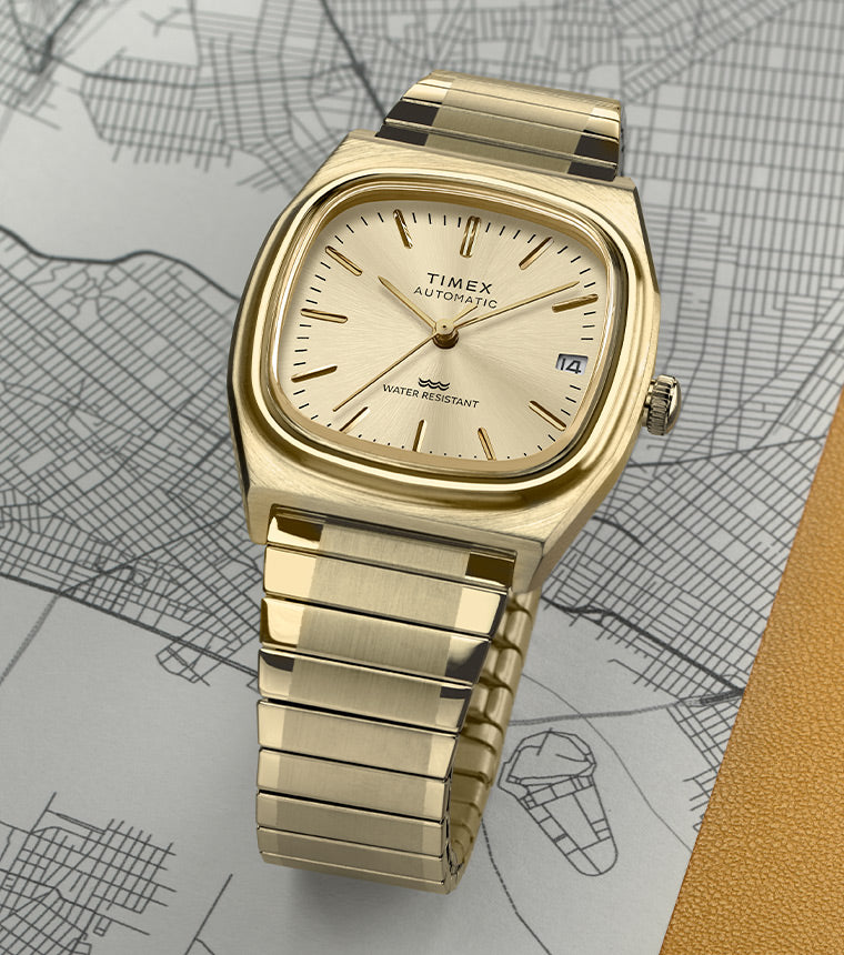 Timex® Automatic 1983 E Line 34mm Gold Tone Expansion Band Watch ...