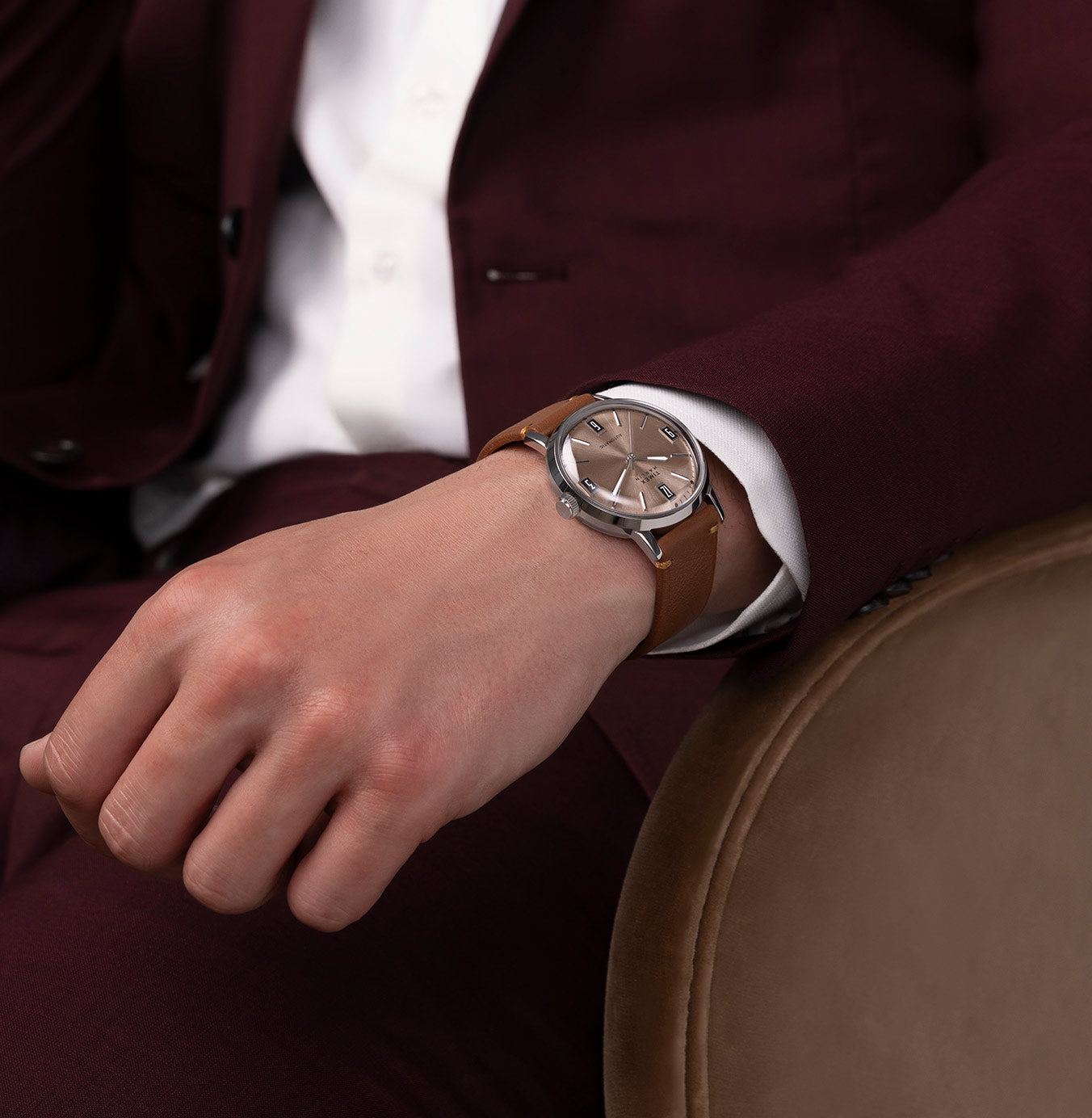 A Man wearing Marlin® Automatic 40mm Leather Strap Watch on his wrist