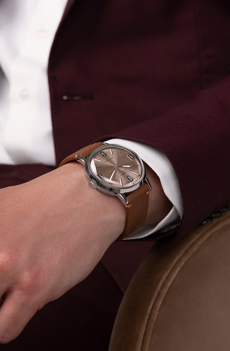 A Man wearing Marlin® Automatic 40mm Leather Strap Watch on his wrist