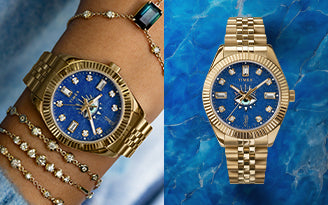 Two images, the left shows a blue dial watch on a ladies wrist with lots of bracelets, on the right is an image of a watch with gold strap and blue dial. The watch is stood on a blue stone surface. 