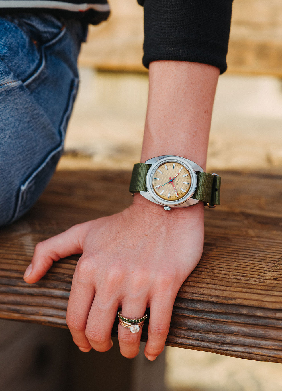 Timex x Worn and Wound Green Fabric Strap Watch in a Wrist