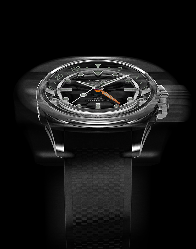 Artistic front view of the Timex Atelier GMT Automatic with motion blur, emphasizing its precision and craftsmanship.