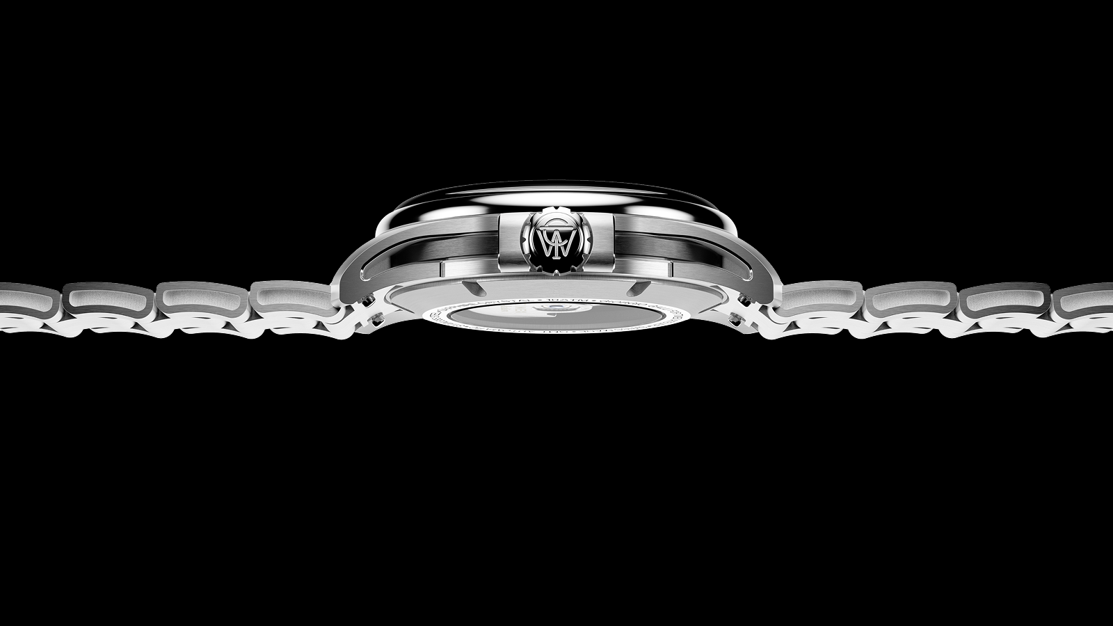 A side profile of the Timex Atelier GMT Automatic emphasizing its slim case and signed crown with the Timex “T” logo.