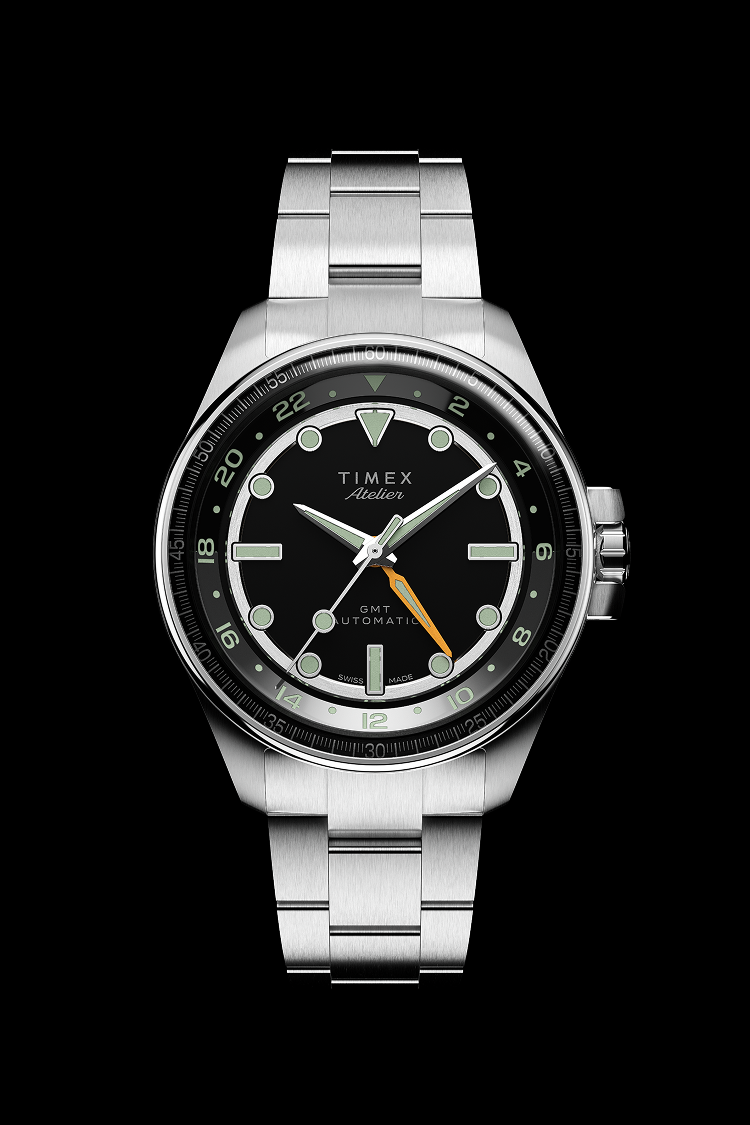 Timex Atelier GMT Automatic with a stainless steel bracelet and black dial viewed head-on.