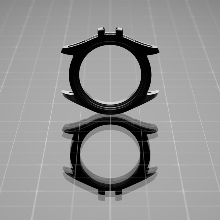 A minimalist image of the Timex Atelier watch case silhouette standing upright on a reflective grid surface.