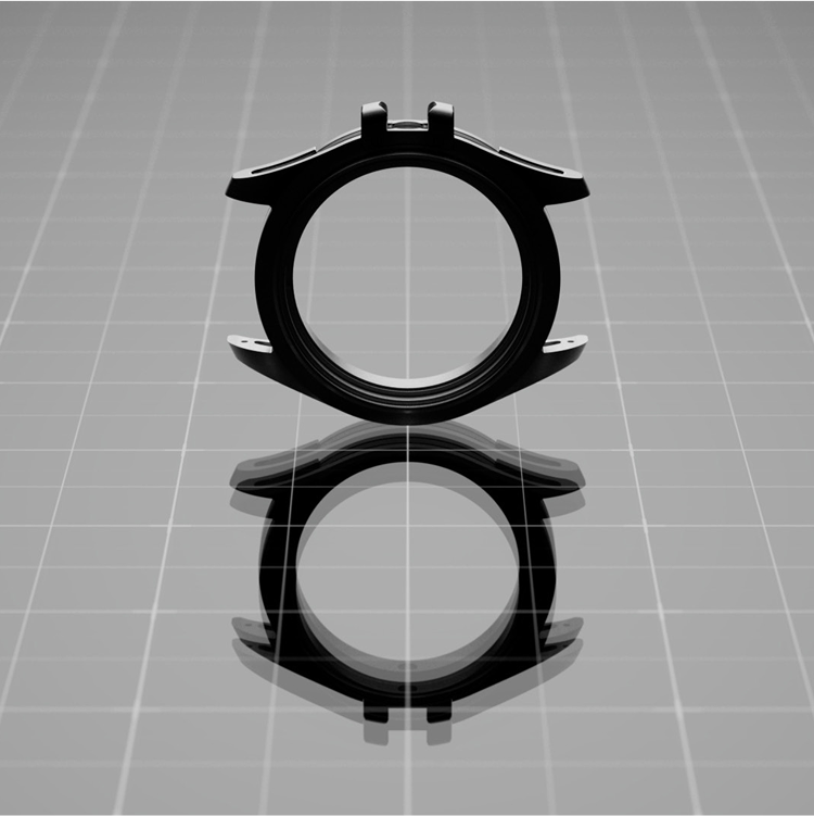 Minimalist image of the Timex Atelier watch case silhouette standing upright on a reflective grid surface.