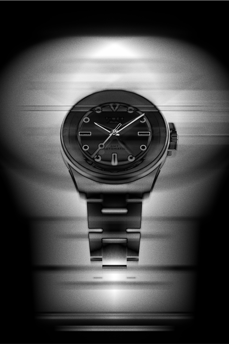 Artistic black-and-white image of the Timex Atelier GMT Automatic watch with a blurred motion effect, symbolizing dynamic craftsmanship.