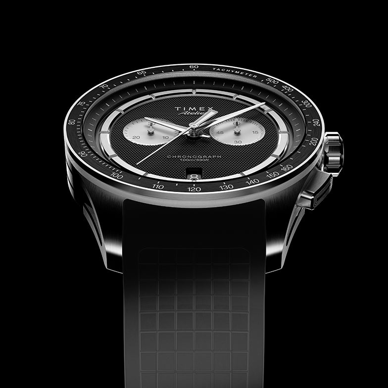 Low-angle view of Timex Atelier Chronograph Quartz M1a 40mm highlighting textured dial and rubber strap