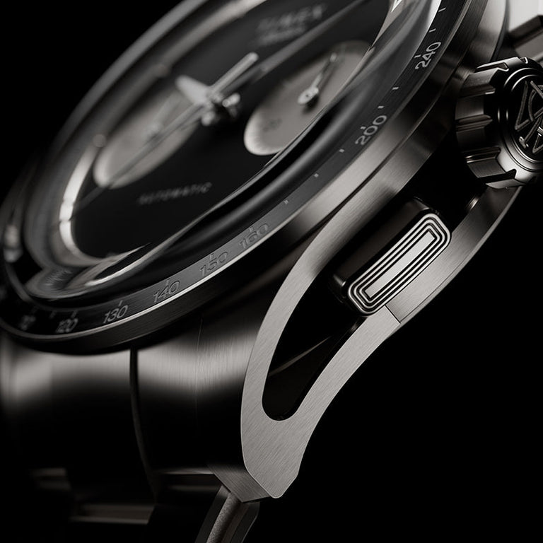 Exhibition caseback of the Timex Atelier Chronograph Automatic M1a Ti revealing the Swiss-made automatic movement through a sapphire crystal display back.