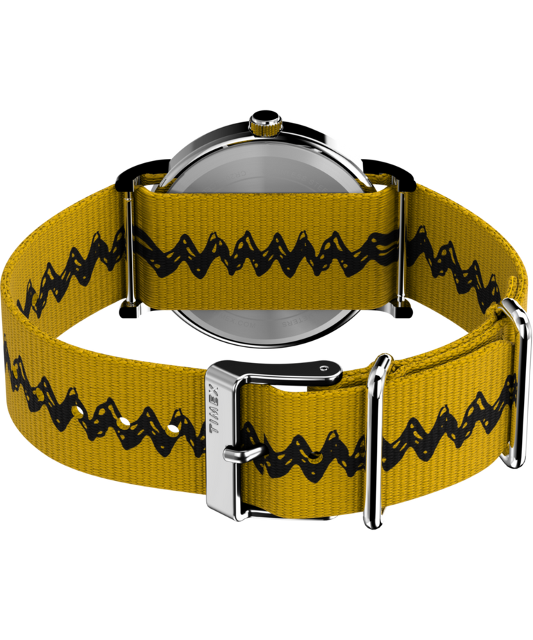 TW2R41100 Timex x Peanuts Charlie Brown 38mm Fabric Strap Watch Caseback with Attachment Image