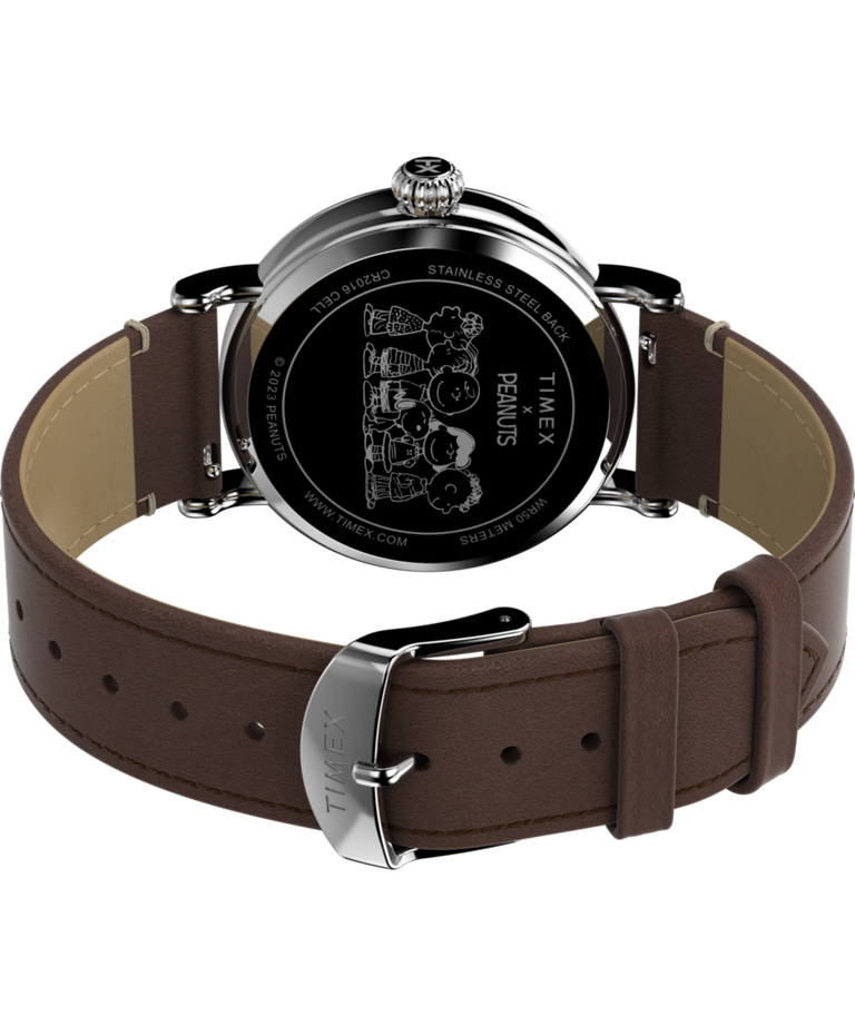 TW2V61200 Peanuts® x Timex Standard Featuring Snoopy at the Beach 40mm Leather Strap Watch Caseback with Attachment Image