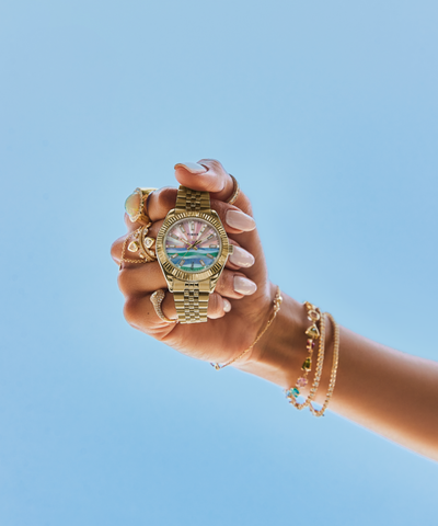 TW2V94900 Timex x Jacquie Aiche Sunrise 36mm Stainless Steel Bracelet Watch Primary Wrist Image