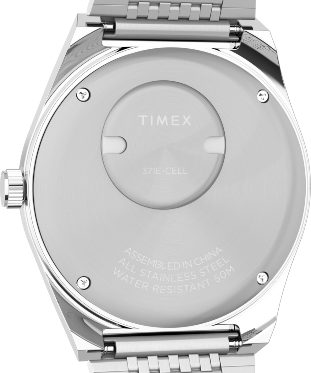 TW2W62400 Q Timex® Falcon Eye 38mm Stainless Steel Bracelet Watch  Caseback Image