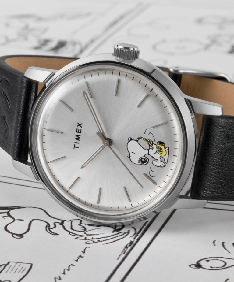 TW2W68800 Peanuts® x Timex Marlin® Automatic Saxophonist 40mm Leather Strap Watch Campaign Key Silhouettes (Beauty shots) Image