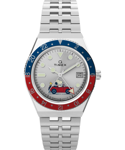 TW2W83300 Peanuts® x Q Timex® GMT 38mm Stainless Steel Bracelet Watch Primary Image