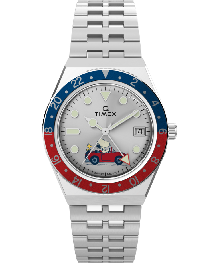 TW2W83300 Peanuts® x Q Timex® GMT 38mm Stainless Steel Bracelet Watch Primary Image