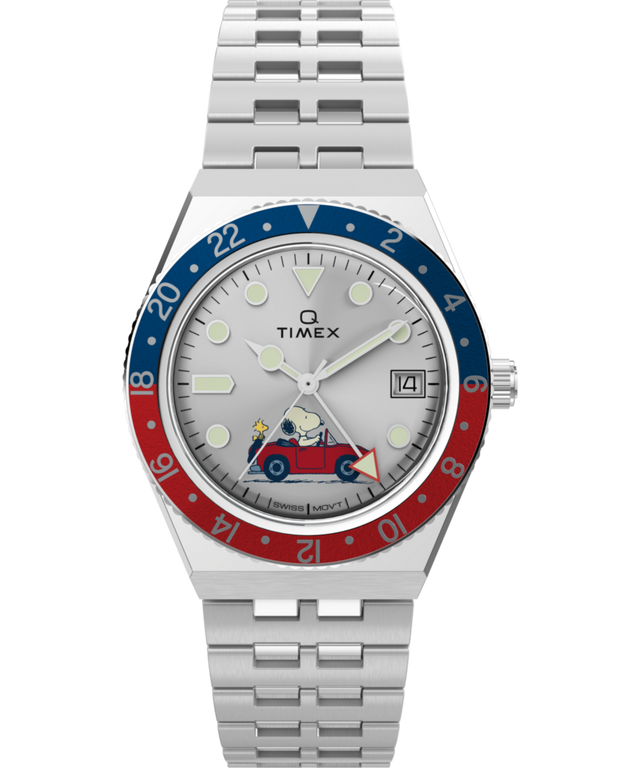 TW2W83300 Peanuts® x Q Timex® GMT 38mm Stainless Steel Bracelet Watch Primary Image