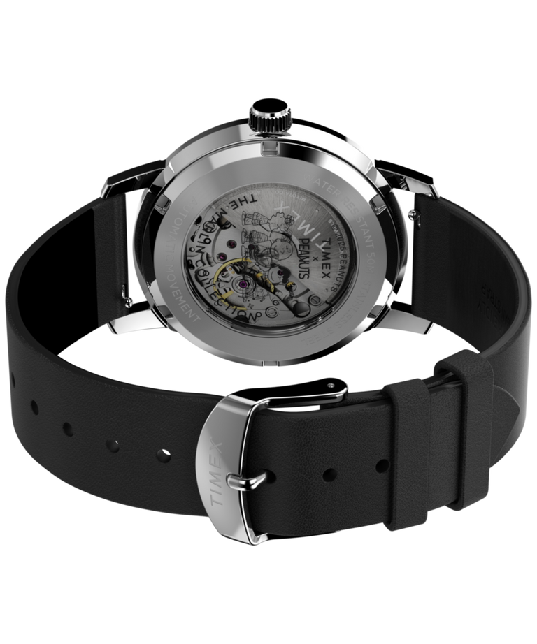 TW2W87200 Timex x Peanuts® Marlin® Automatic Space 40mm Leather Strap Watch Caseback with Attachment Image