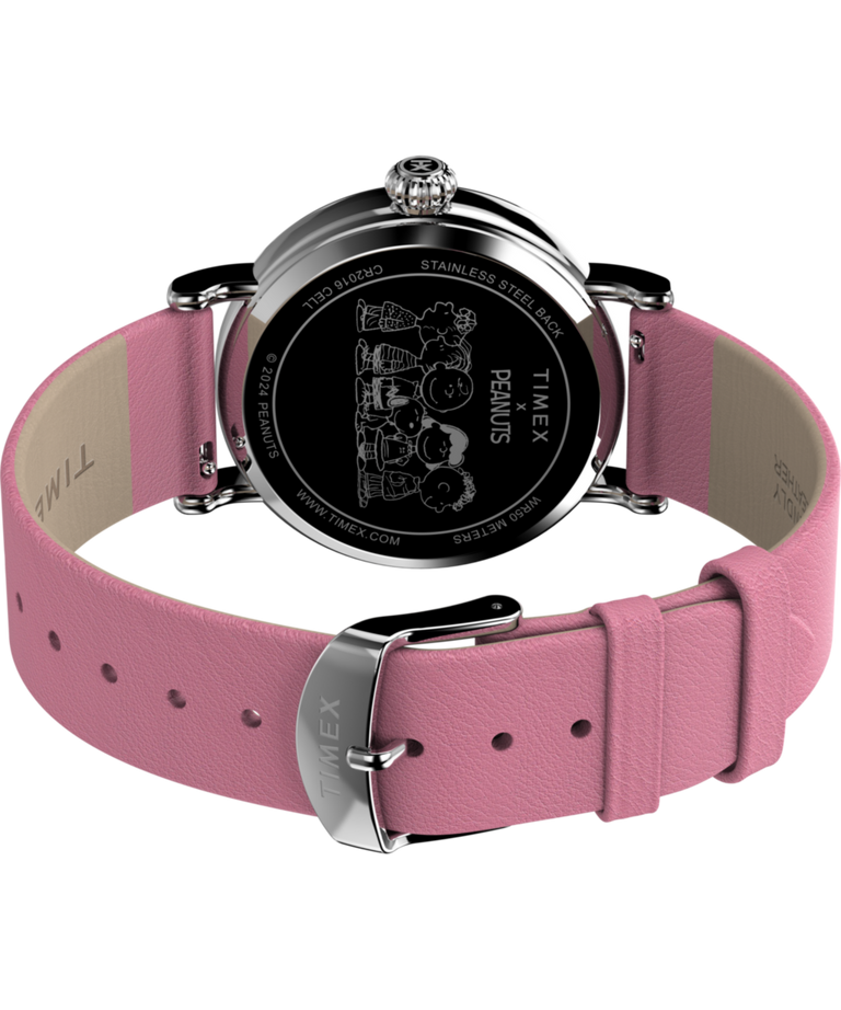 TW2W88900 Peanuts x Timex Standard Valentine's 40mm Leather Strap Watch Caseback with Attachment Image