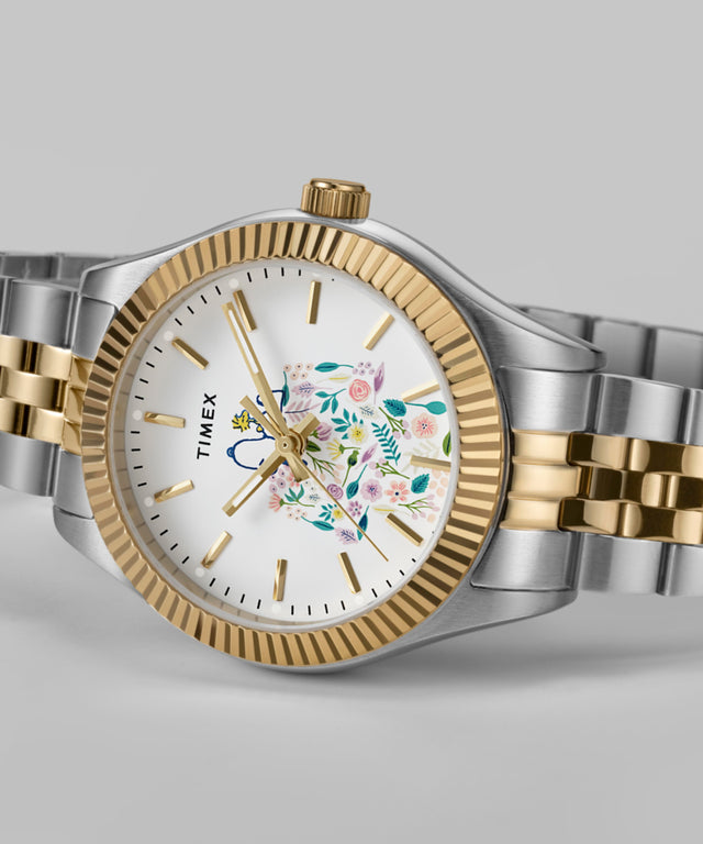 TW2W95100 Peanuts® x Timex Legacy In Bloom 34mm Stainless Steel Bracelet Watch Campaign Key Silhouettes (Beauty shots) Image