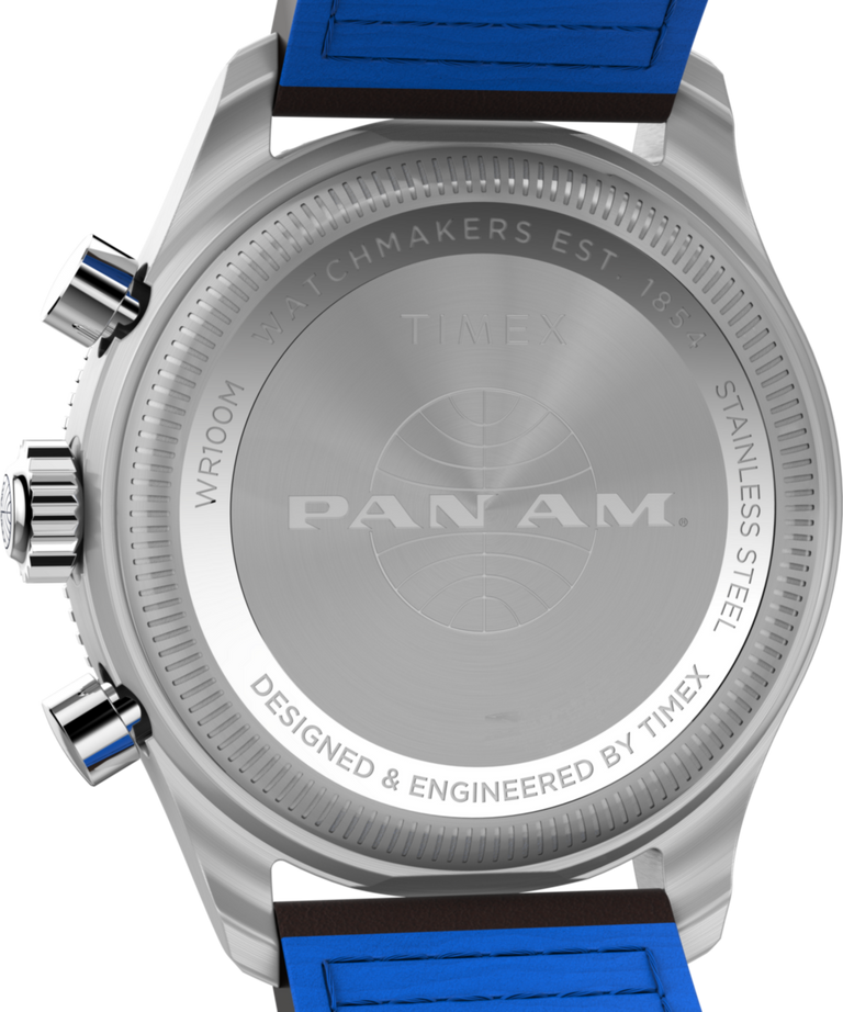 TW2W97200 Pan Am® x Timex Fly-Back Chronograph 43mm Leather Strap Watch  Caseback Image