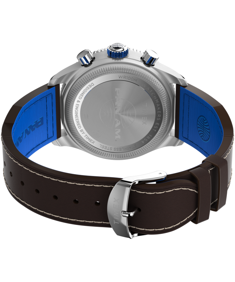 TW2W97200 Timex Fly-Back Chronograph x Pan Am® 43mm Leather Strap Watch  Caseback with Attachment Image