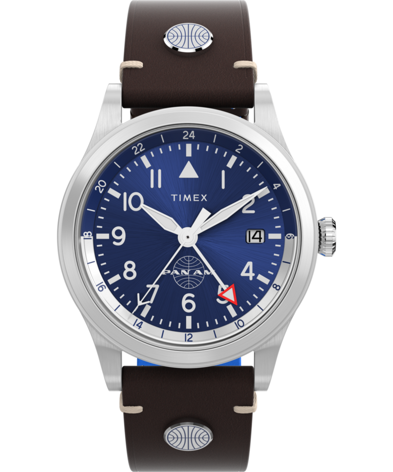 TW2W97300 Pan Am® x Timex Waterbury GMT 39mm Leather Strap Watch  Primary Image