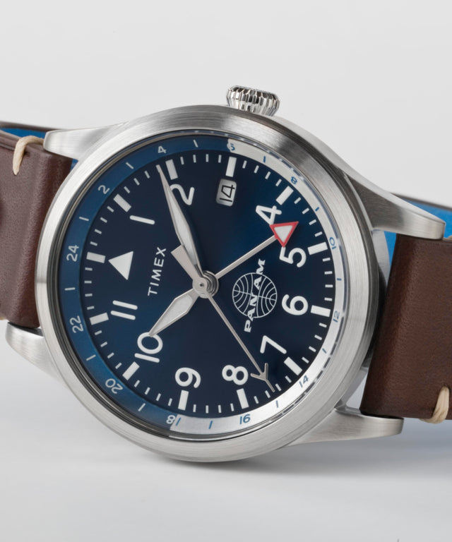 TW2W97300 Pan Am® x Timex Waterbury GMT 39mm Leather Strap Watch  Campaign Key Silhouettes (Beauty shots) Image